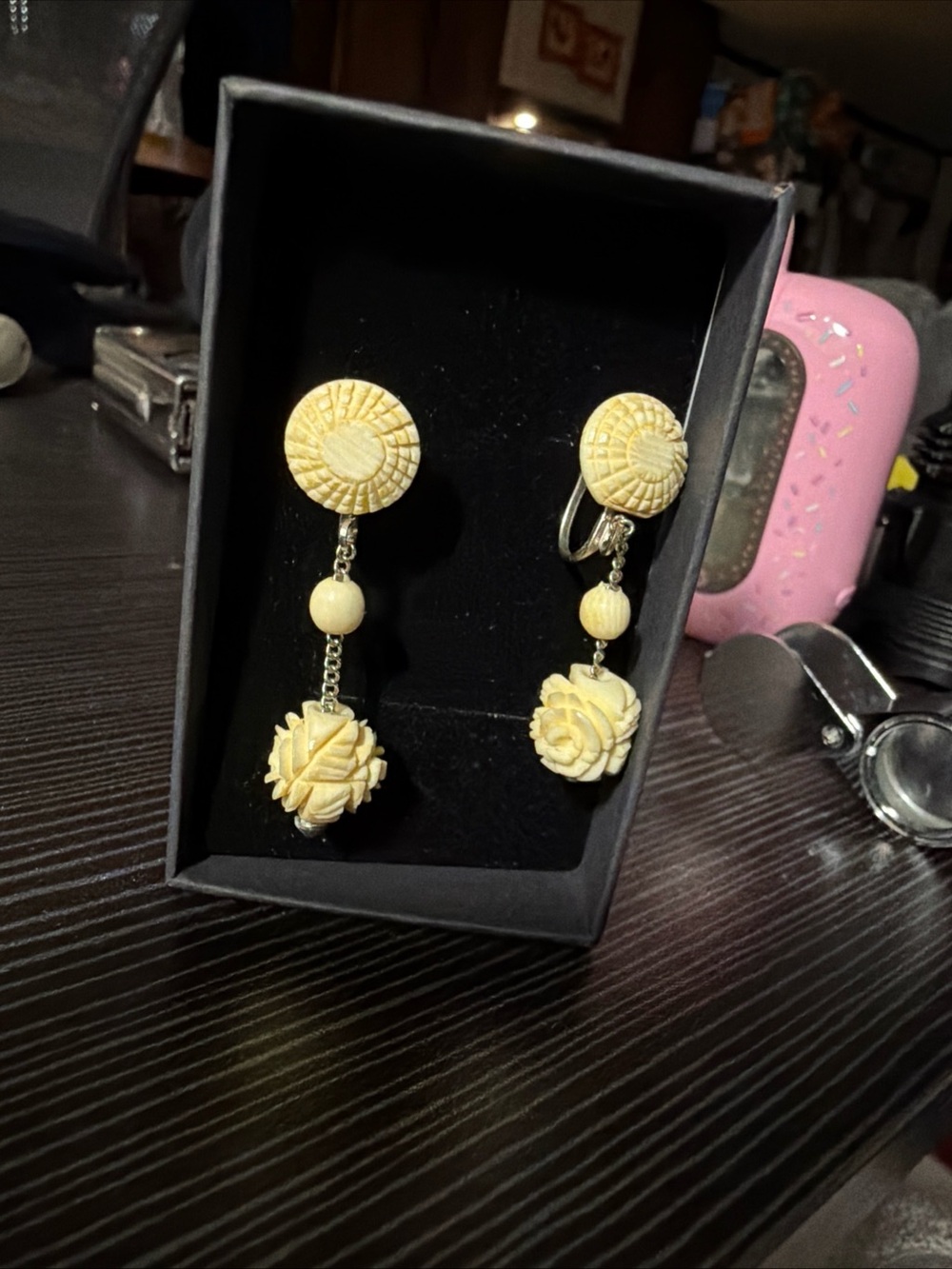 Ivory Carved Floral Drop Clip-On Earrings - Women Jewelry